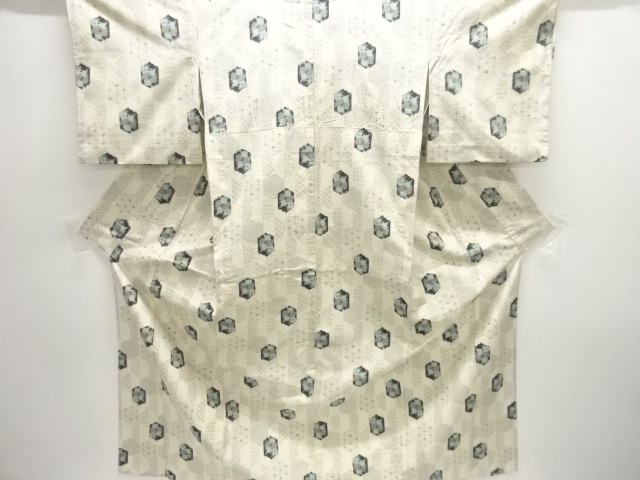 アンティーク　亀甲に花模様織り出し十日町紬単衣着物